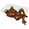 Sensual lovers monkeypod wood carved coffee table with glass top
