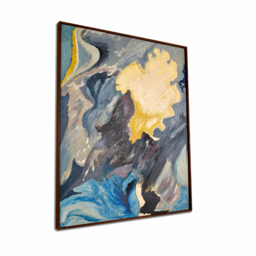 Mid Century Modern Abstract Expressionist Painting in Blue by Henry Putney. The painting features fields of blue, white and yellow and deconstructed botanical forms.