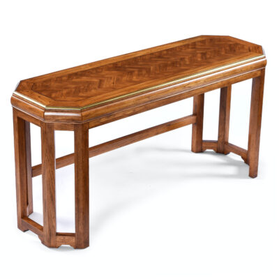 Vintage parquet wood top console table with gold trim