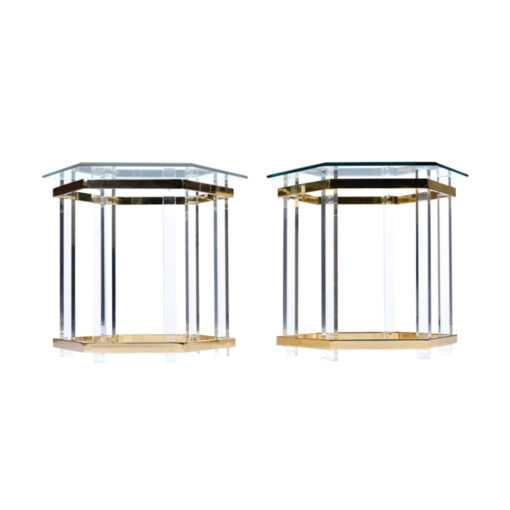 Lucite pillar side tables with brass spanners and hexagon glass top