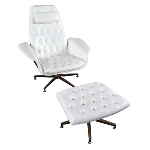 George Mulhauser style Mr. Chair in white vinyl with ottoman
