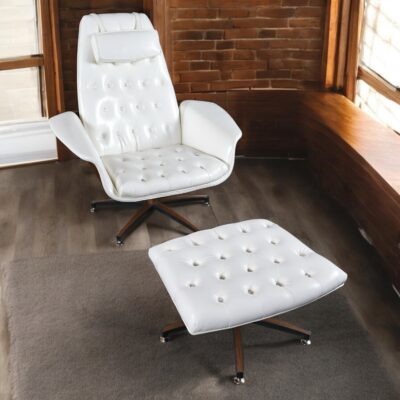 George Mulhauser style white Mid-Century Modern lounge chair with ottoman