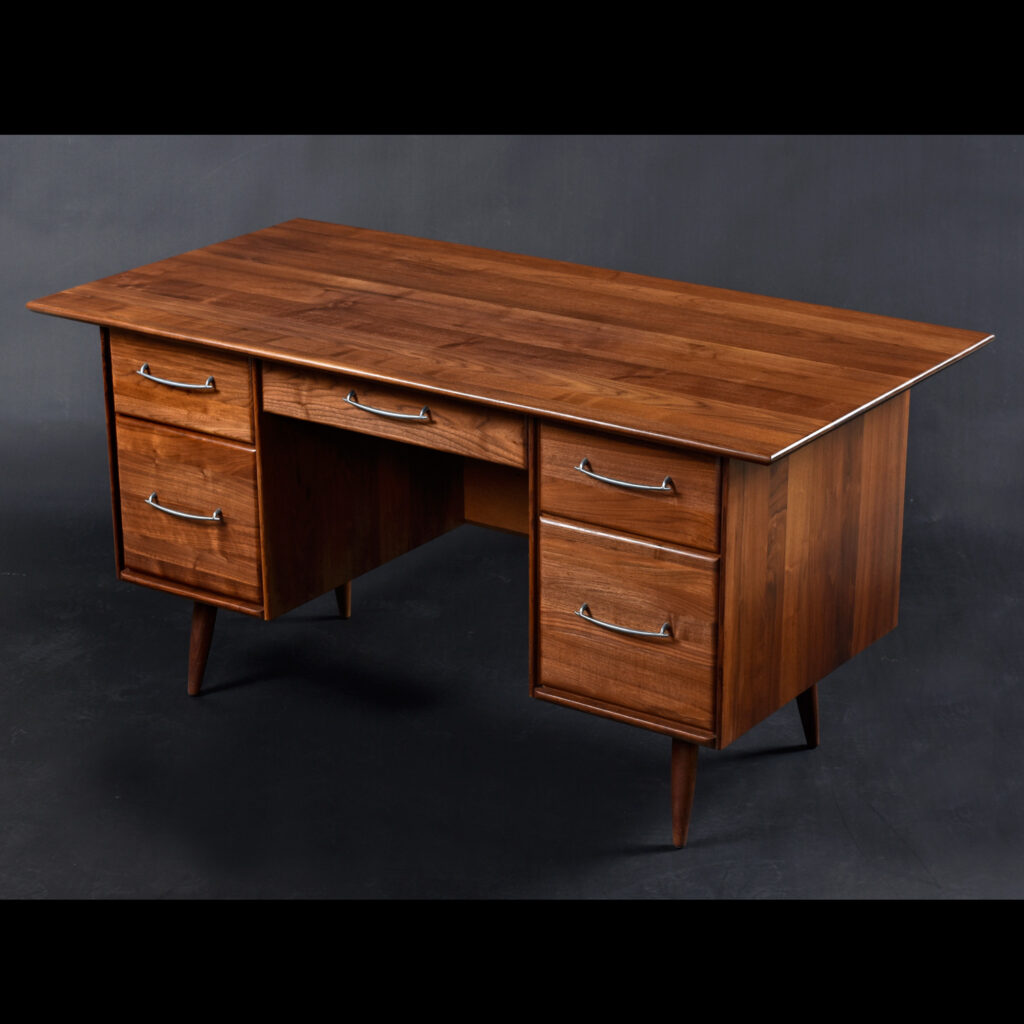Restored Solid Walnut Mid-Century Modern Desk with File Drawers