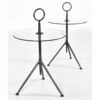 Pair round glass side tables with tripod gunmetal bases