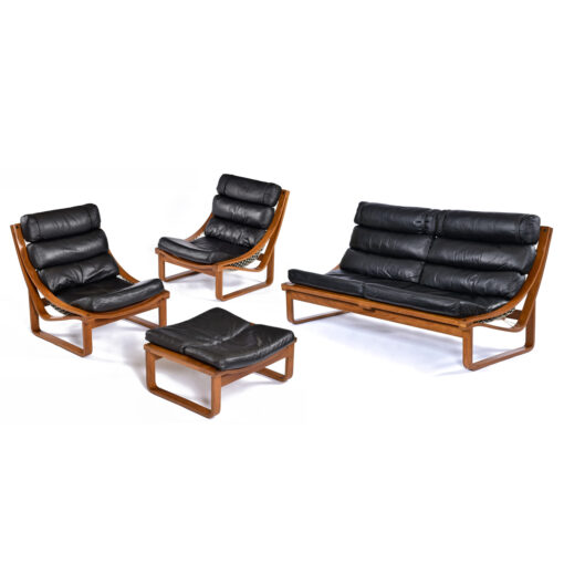 Fred Lowen leather and teak wood T4 sling chair, ottoman and sofa set