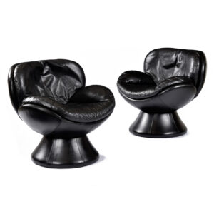 Pair of Jaymar of Post-Modern Pedestal Base Black Leather Swivel Pod Chairs