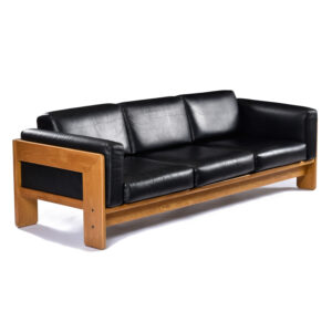 Vintage 1978 Tobia Scarpa for Knoll Bastiano Oak Black Leather Sofa