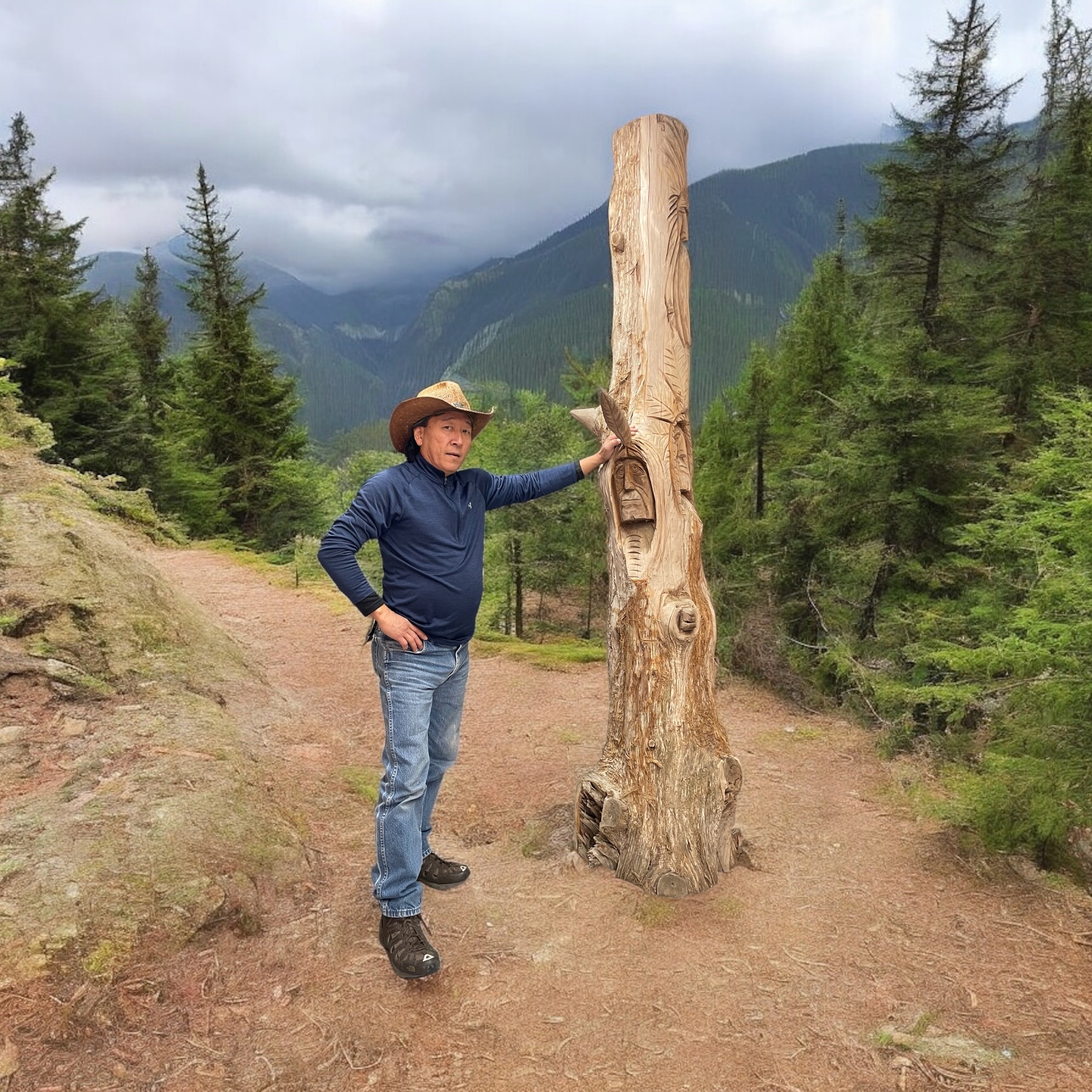 Life sized wood carved tree trunk with face and animals