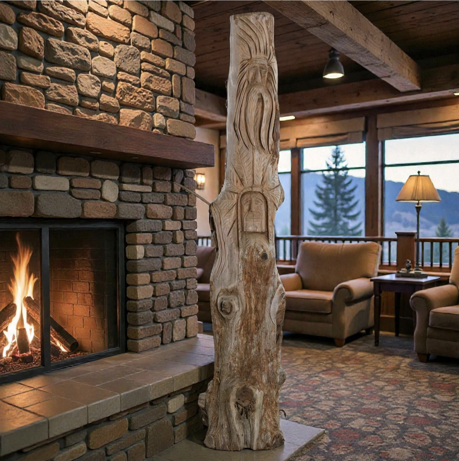 Life sized wood carved tree trunk with face and animals