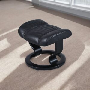 Ekornes Stressless Black Leather Footstool Ottoman on Black Base
