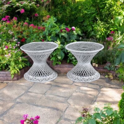 Pair of spun fiberglass Russell Woodard outdoor side tables