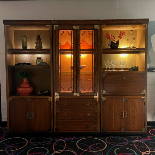 Bernhardt Asian inspired modular wall unit bookcase with china cabinet and dry bar