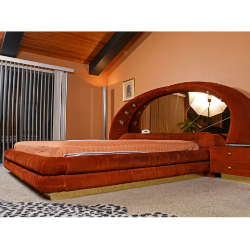 Verardo Italian 1970s suede platfrom bed with mirrored headboard and built in nightstands and stereo with phone