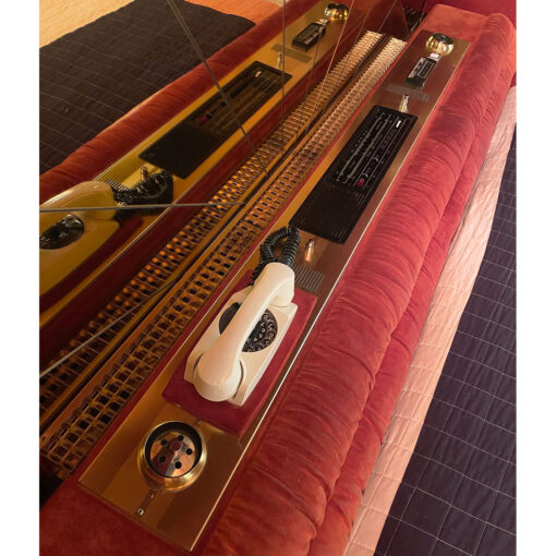 Verardo Italian 1970s suede platfrom bed with mirrored headboard and built in nightstands and stereo with phone