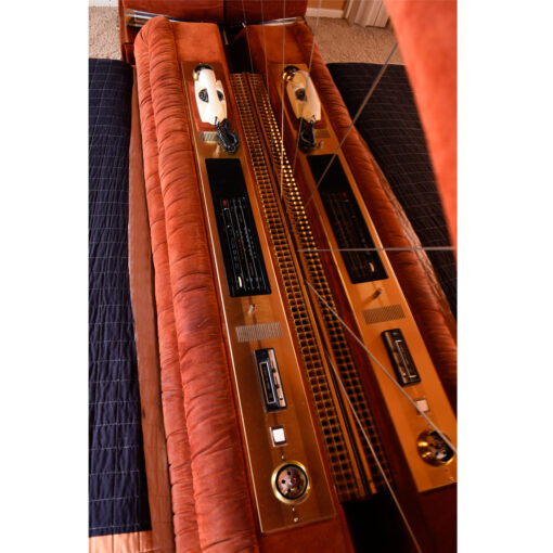 Verardo Italian 1970s suede platfrom bed with mirrored headboard and built in nightstands and stereo with phone