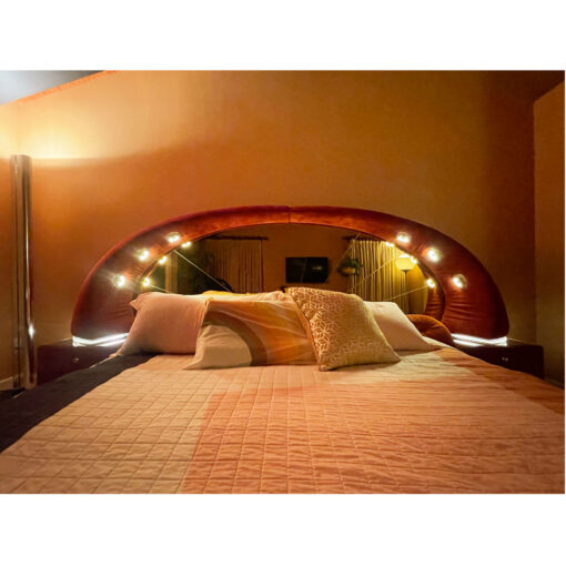 Verardo Italian 1970s suede platfrom bed with mirrored headboard and built in nightstands and stereo with phone