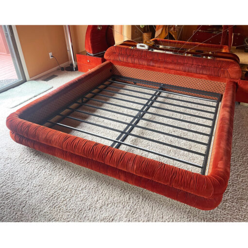 Verardo Italian 1970s suede platfrom bed with mirrored headboard and built in nightstands and stereo with phone