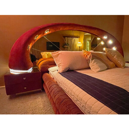 Verardo Italian 1970s suede platfrom bed with mirrored headboard and built in nightstands and stereo with phone