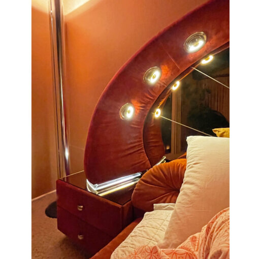 Verardo Italian 1970s suede platfrom bed with mirrored headboard and built in nightstands and stereo with phone
