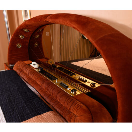 Verardo Italian 1970s suede platfrom bed with mirrored headboard and built in nightstands and stereo with phone