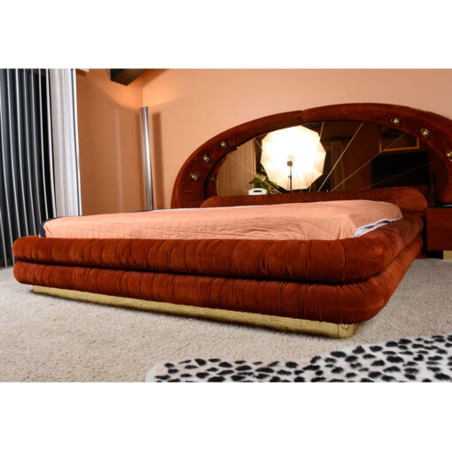 Verardo Italian 1970s suede platfrom bed with mirrored headboard and built in nightstands and stereo with phone