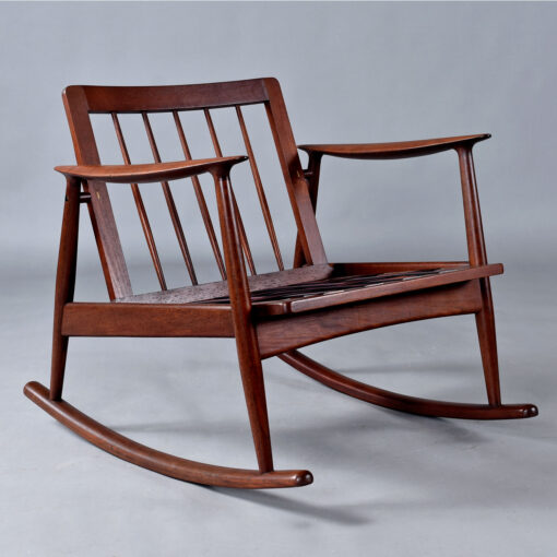 Pair of MM Moreddi Danish teak rocking chairs in new black leather