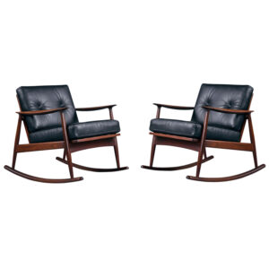 Pair of 1950’s Danish Teak Rocking Chairs in Black Leather by Moreddi