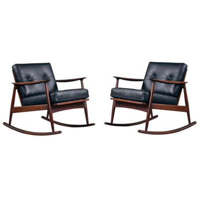 Pair of MM Moreddi Danish teak rocking chairs in new black leather