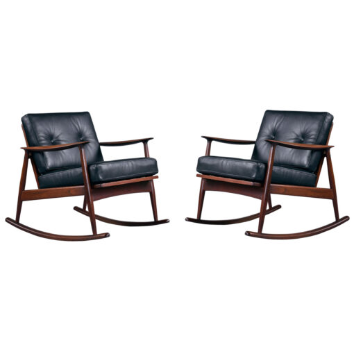 Pair of MM Moreddi Danish teak rocking chairs in new black leather
