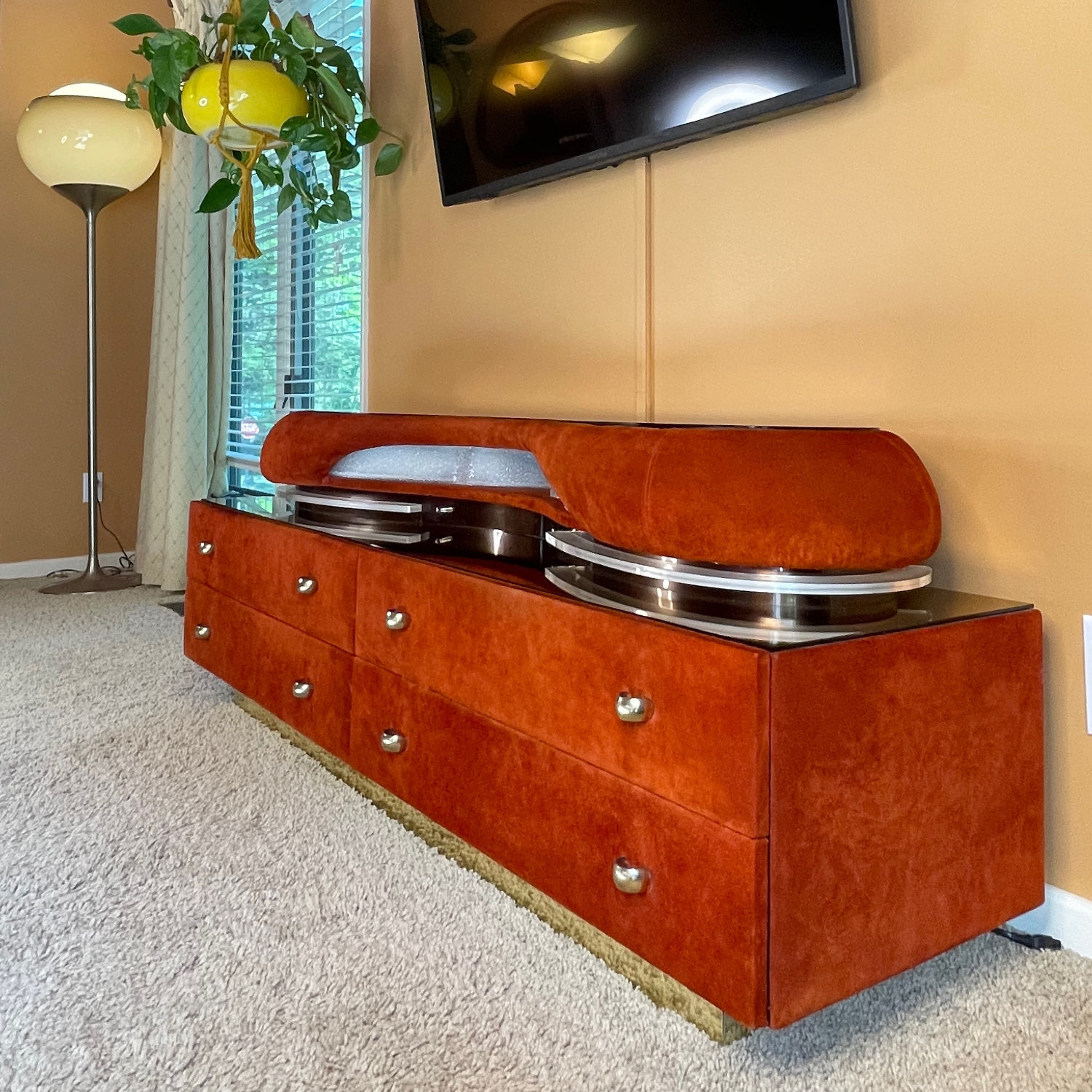Verardo mirror top Italian suede dresser with lights and matching wall mirror