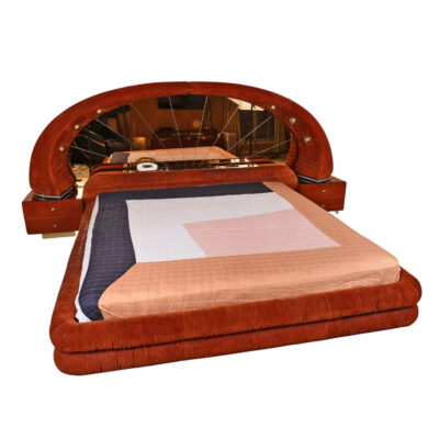 Verardo Italian 1970s suede platfrom bed with mirrored headboard and built in nightstands and stereo with phone