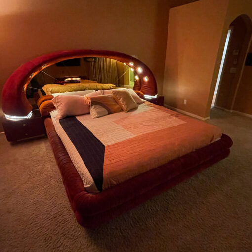 Verardo Italian 1970s suede platfrom bed with mirrored headboard and built in nightstands and stereo with phone