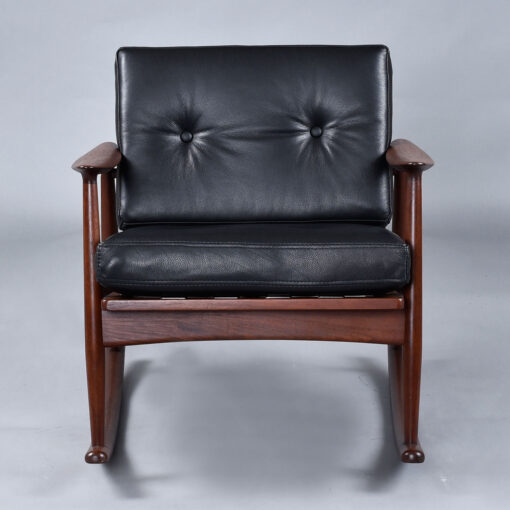 Pair of MM Moreddi Danish teak rocking chairs in new black leather