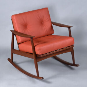 Restored 1950’s Danish Teak Rocking Chair in Terra Cotta Leather by Moreddi