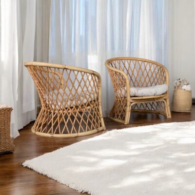 Pair of trellis woven barrel back rattan lounge chairs