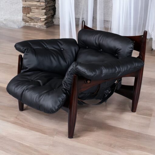 Sergio Rodrigues black leather Sheriff chair with ottoman