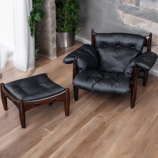 Sergio Rodrigues black leather Sheriff chair with ottoman