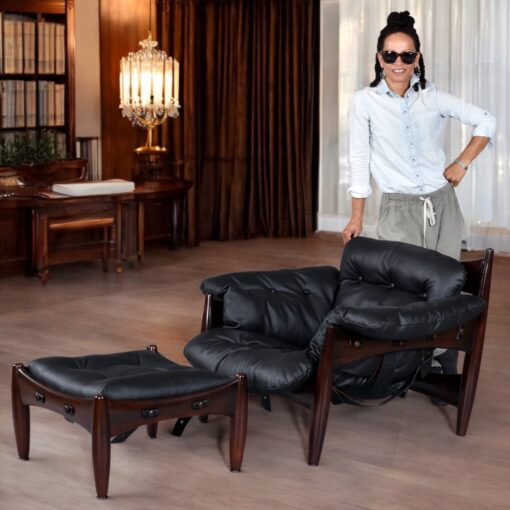 Sergio Rodrigues black leather Sheriff chair with ottoman