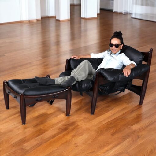 Sergio Rodrigues black leather Sheriff chair with ottoman