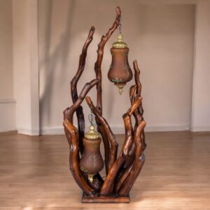 Rustic Handcrafted Tree Branch Floor Lamp with Amber Glass Globes