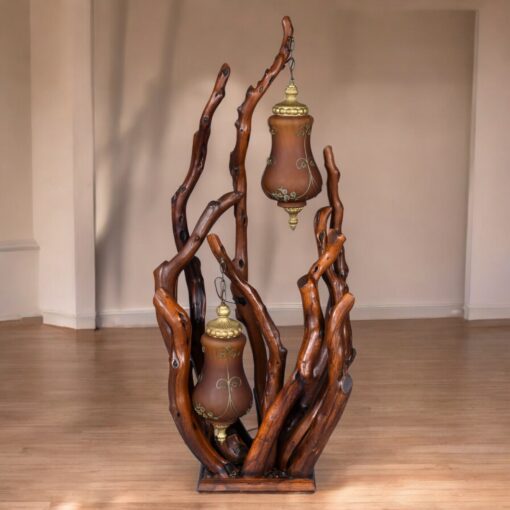 Rustic Handcrafted Tree Branch Floor Lamp with Amber Glass Globes