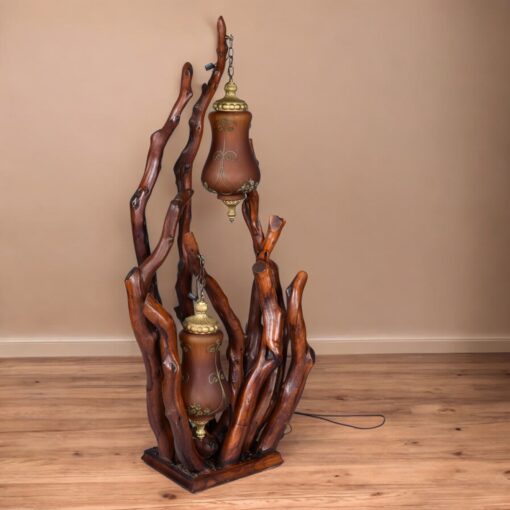 Rustic Handcrafted Tree Branch Floor Lamp with Amber Glass Globes