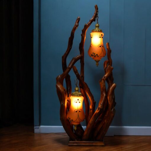Rustic Handcrafted Tree Branch Floor Lamp with Amber Glass Globes