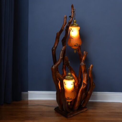 Rustic Handcrafted Tree Branch Floor Lamp with Amber Glass Globes