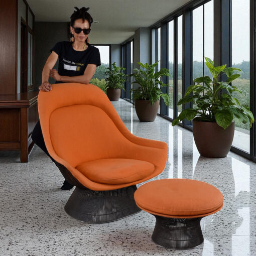 Warren Platner for Knoll 1972 orange Easy Chair with ottoman in bronze finish