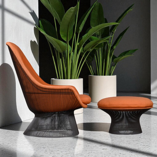 Warren Platner for Knoll 1972 orange Easy Chair with ottoman in bronze finish