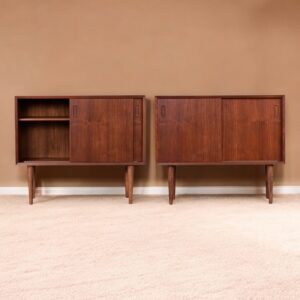 Pair of Narrow Lyby Mobler Danish Teak Sliding Door Cabinets