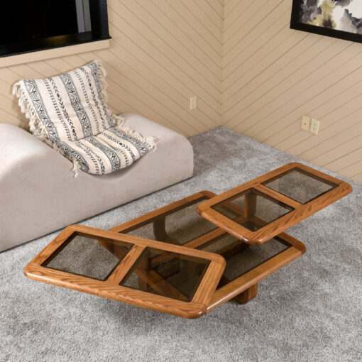1980s oak articulating square coffee table with smoked glass