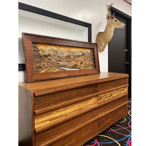 Carved wood painting of Bavarian or Alpine village