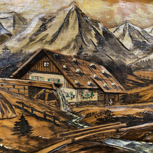 Carved wood painting of Bavarian or Alpine village